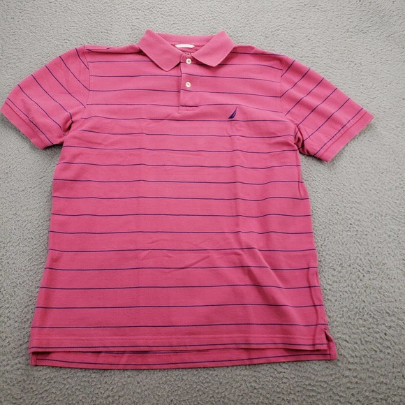 Nautica‎ Shirt Mens Medium Pink Blue stripe Classiccore Preppy Short Sleeve Polo - Picture 1 of 9